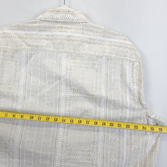 Macy's Camp Button Up Shirt Men XL Short Sleeve Printed Tan White Causal Office - Picture 5 of 10